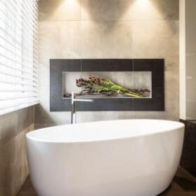 Doncaster East Ensuite by Lewisham Interiors – freestanding bath with tiled feature wall and modern lighting in Melbourne