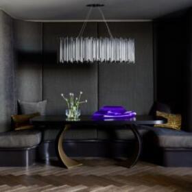 Interior design of Hawthorn East Apartment by Lewisham Interiors, Melbourne – bespoke dining nook with contemporary lighting and furnishings