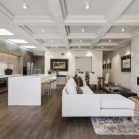 Lewisham Interiors Townhouse Development – open-plan living and kitchen design in Melbourne with coffered ceilings and neutral palette